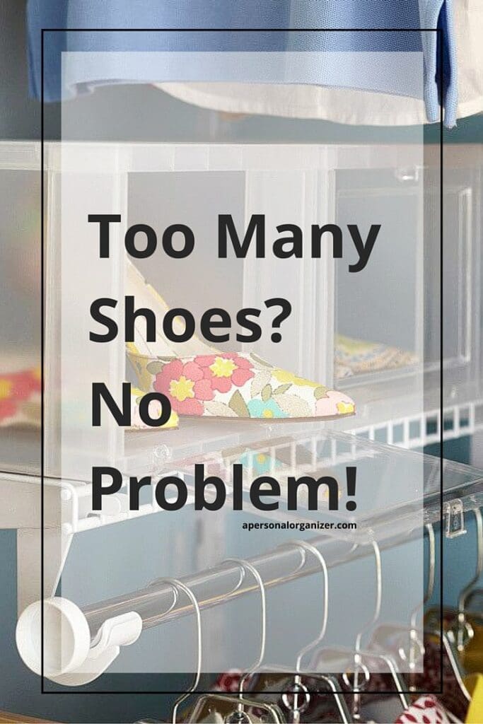 A floral high-heeled shoe is displayed in a clear organizer with the text "Too Many Shoes? No Problem!" overlaid on the image. A hanging rod, a shoe rack, and a row of shoes are visible below.