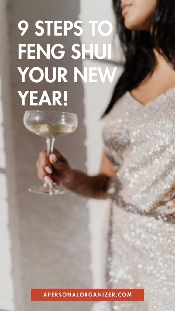 A woman in a sparkling dress holds a glass of champagne. Overlay text reads: "9 Steps to Declutter & Feng Shui Your New Year!" with "apersonalorganizer.com" at the bottom.