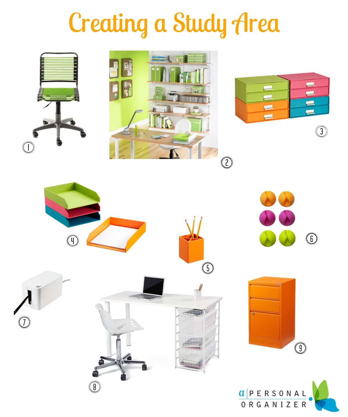 A collage titled "Creating a Study Area" showcases various office items perfect for a homework station: a green and black chair (1), a green-themed desk and shelf setup (2), colorful storage boxes (3), colorful stackable trays (4), an orange pencil holder with pencils (5), cluster of colorful balls (6), a white desktop organizer (7), a white desk with a laptop (
