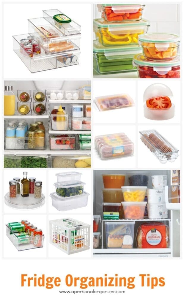 A collage of fridge organization ideas, featuring clear storage bins, containers for produce and deli items, and neatly arranged food and drinks inside refrigerators. Text at the bottom reads "Fridge Organizing Tips.
