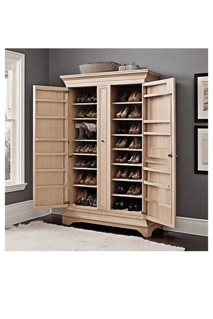 A wooden shoe cabinet with two open doors reveals expertly organized shelves filled with shoes. The cabinet stands against a gray wall in a room adorned with framed pictures, while natural light streams through a window on the left, highlighting its shoe-organizing mastery.