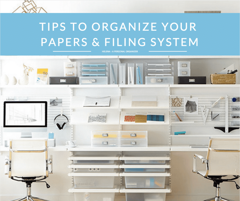 A neatly organized home office with two chairs facing a wall-mounted shelving and filing system. Various papers, folders, and office supplies are systematically arranged. A sign above reads, "Tips on Document Organization & Filing System.