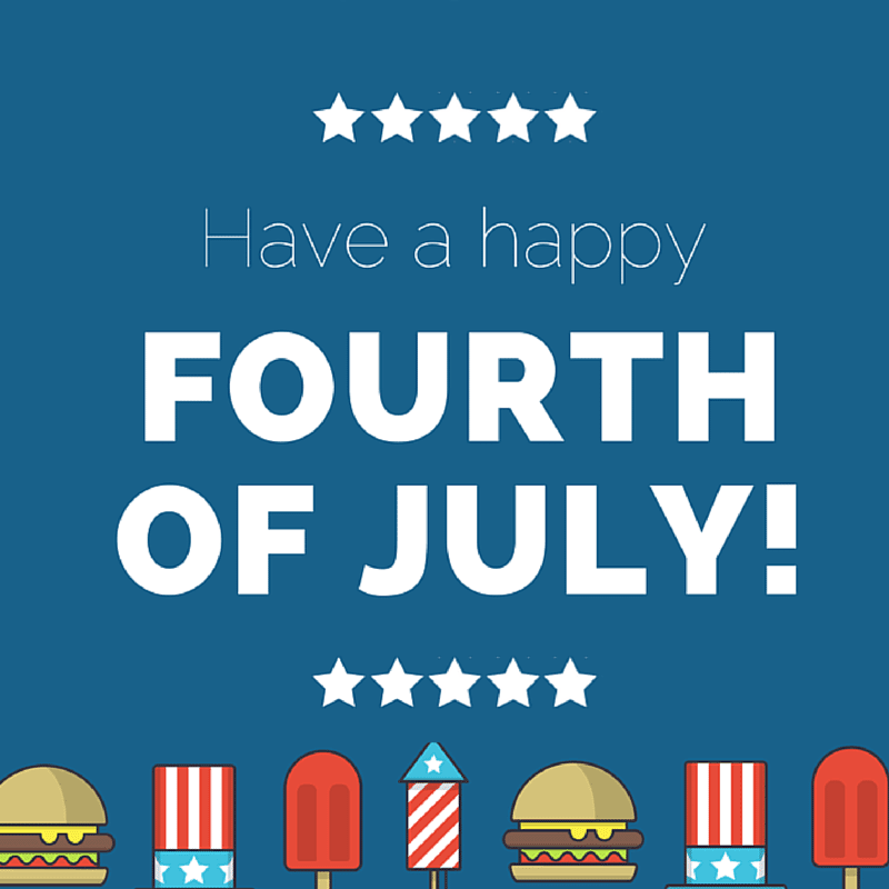 Graphic with a blue background, featuring the text "Have a happy FOURTH OF JULY!" topped and bottomed by rows of white stars. The lower border is decorated with illustrations of burgers, popsicles, firecrackers, and soda cups with patriotic designs. Perfect for 4th of July printables!