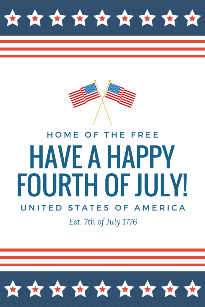 A festive Fourth of July greeting card featuring two crossed American flags at the top. Blue stars and red stripes border the card. The message reads: "Home of the Free, Have a Happy Fourth of July! United States of America. Est. 7th of July 1776." Perfect for 4th of July printables!