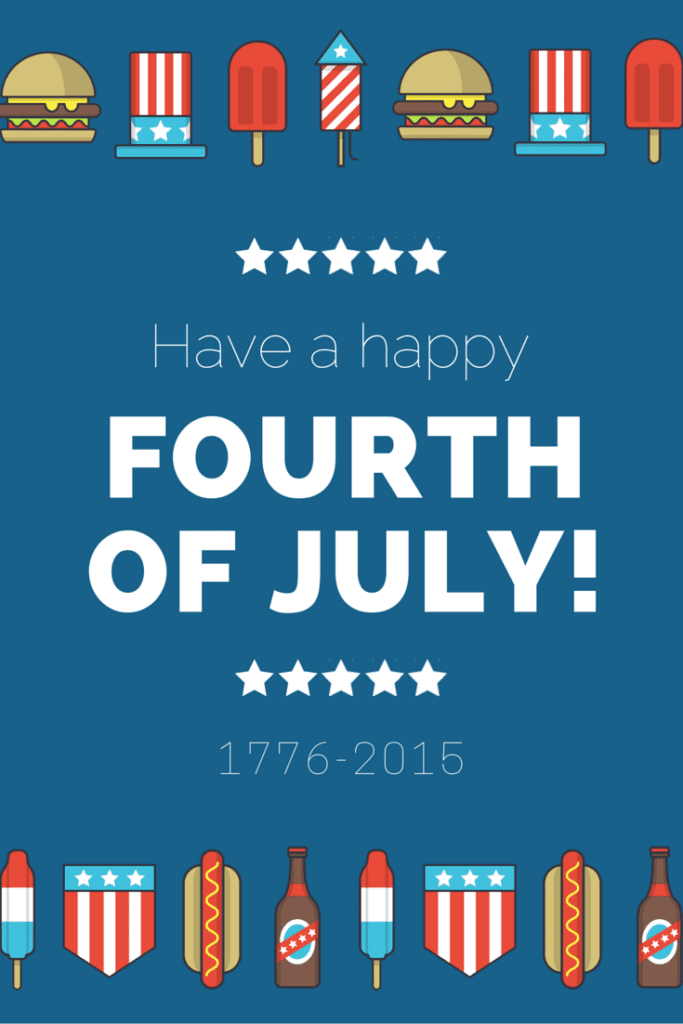 A festive Fourth of July graphic with icons of hamburgers, popsicles, rockets, hot dogs, beers, and American flags. The text reads, "Have a happy FOURTH OF JULY! 1776-2015." The background is blue with red, white, and blue stars and stripes accents. Perfect for your 4th of July printables!