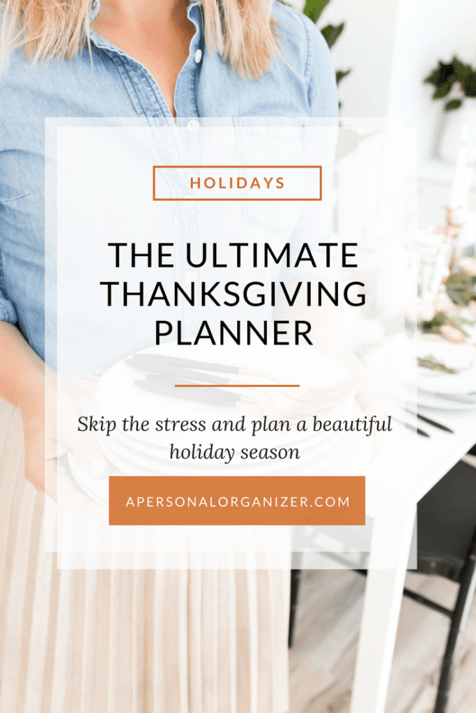 An advertisement for "The Ultimate Thanksgiving Planner" featuring a person holding a stack of plates. The text highlights "Holidays" and promotes ease in planning a beautiful Thanksgiving holiday season, with a website link, apersonalorganizer.com, provided at the bottom.