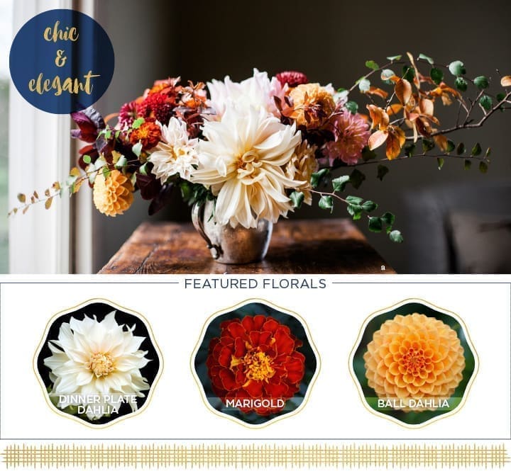 A chic & elegant floral arrangement in a glass vase showcases beige, red, and orange blooms with lush greenery—perfect for a Thanksgiving table. Below, images of "Dinner Plate Dahlia," "Marigold," and "Ball Dahlia" complete the festive scene.