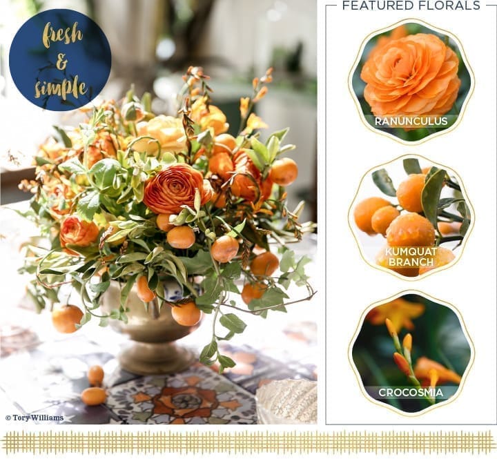 A floral arrangement of vibrant orange ranunculus, kumquat branches, and crocosmia in a ceramic vase graces the Thanksgiving table. The image features inset close-ups of each flower type with a "fresh & simple" label.