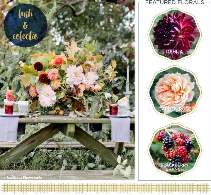 A lush, eclectic floral arrangement graces the thanksgiving table outdoors. Featured flowers include dahlia, garden rose, and blackberry branch. Accents of tapered candles and small jars add charm. The Lush & Eclectic logo is prominently visible amidst this festive setting.
