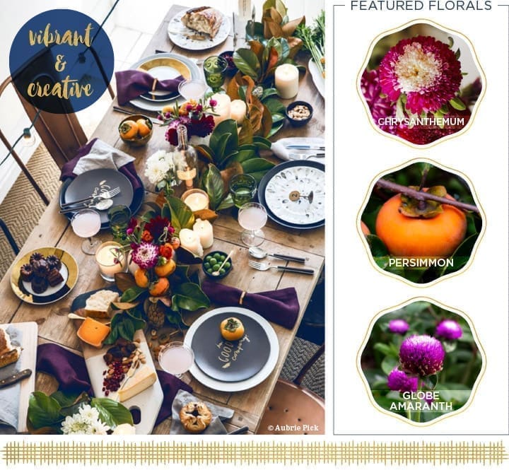 Top-down view of a vibrant Thanksgiving table set with floral arrangements, fruits, and place settings. Featured florals include chrysanthemum, persimmon, and globe amaranth, highlighted on the right. Text reads "vibrant & creative.