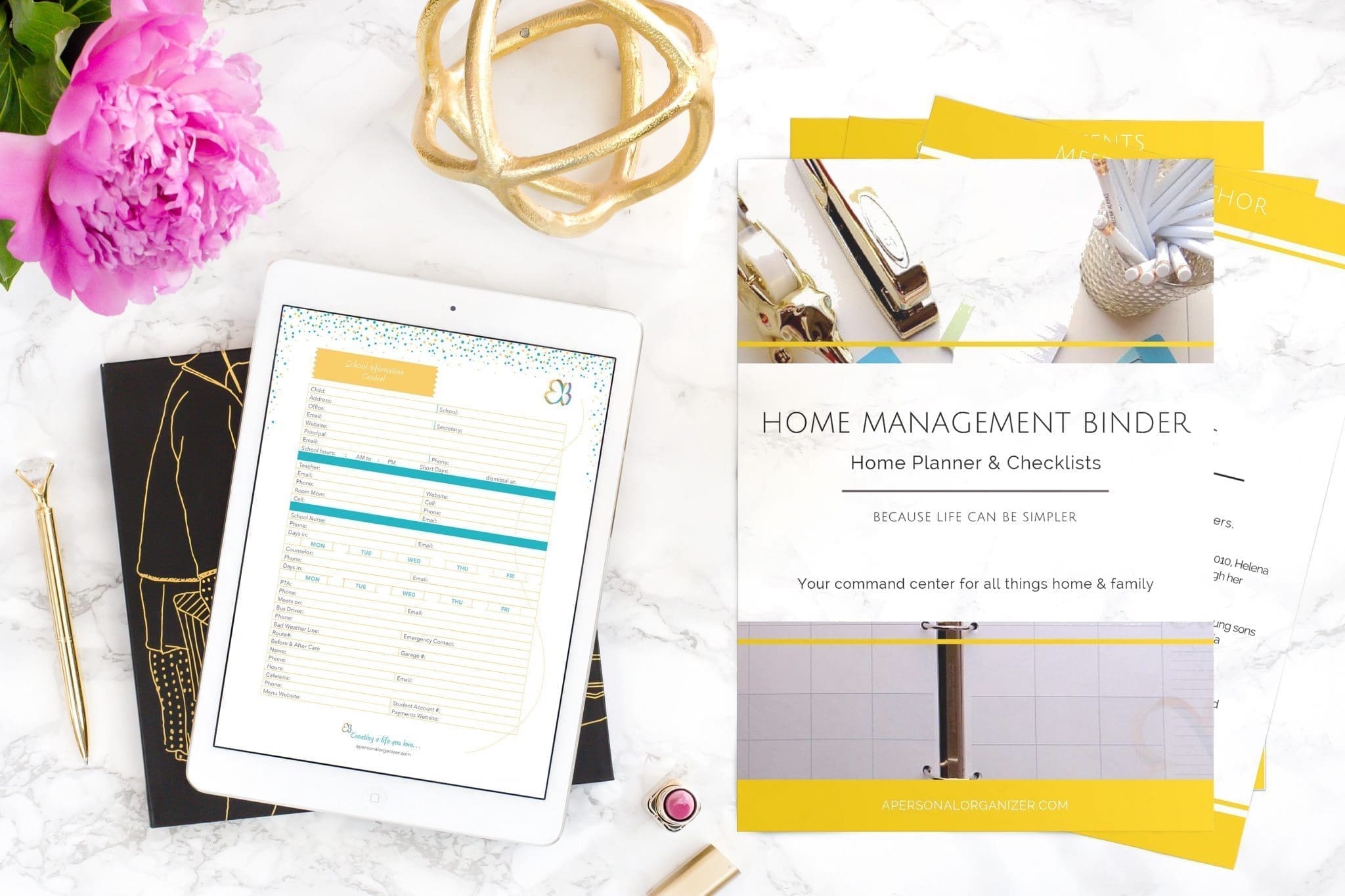 A marble surface displays a home management binder booklet, an iPad showing a planner sheet, a pink peony, a gold geometric decor, and black notebooks with gold patterns. The binder cover reads "Home Management Binder - Home Planner & Checklists," perfect for your organizing printable needs.