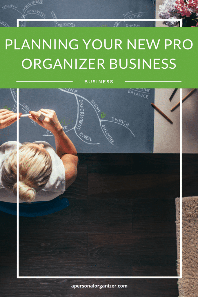 A person working at a desk with papers and colorful sticky notes, outlining a plan. Text on the image reads, "Planning Your New Professional Organizing Business" with a subheading "Business." The bottom mentions "apersonalorganizer.com." A potted plant is visible in the corner.
