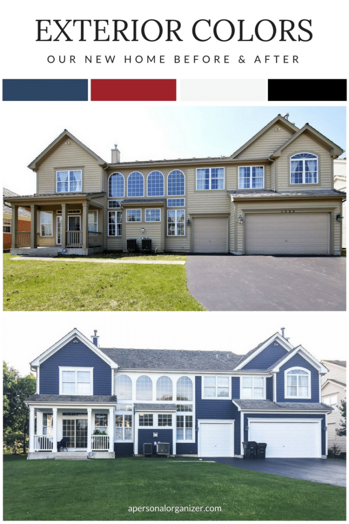 a before and after of the back of a home - first in brown and then in blue