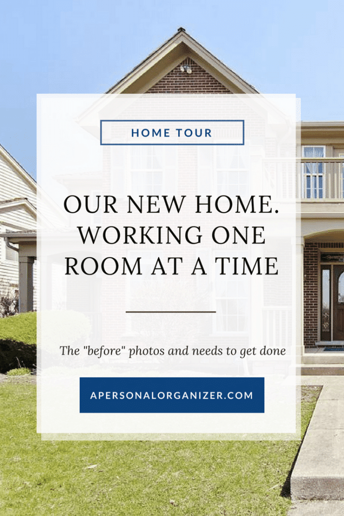 A flyer with a background image of a two-story house. Text reads: "Home Tour. Our new home, working one room at a time. View the 'before' photos and see what needs to get done." At the bottom, there is a website address: apersonalorganizer.com.
