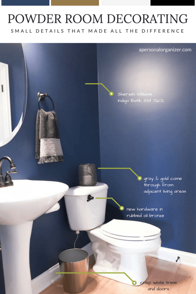 A small, modern powder room with deep blue walls, a white pedestal sink, and toilet. The walls are painted Sherwin Williams Indigo Batik SW 7602. The room features gray and gold accents, new hardware in rubbed oil bronze, white trim and doors, and a round mirror.