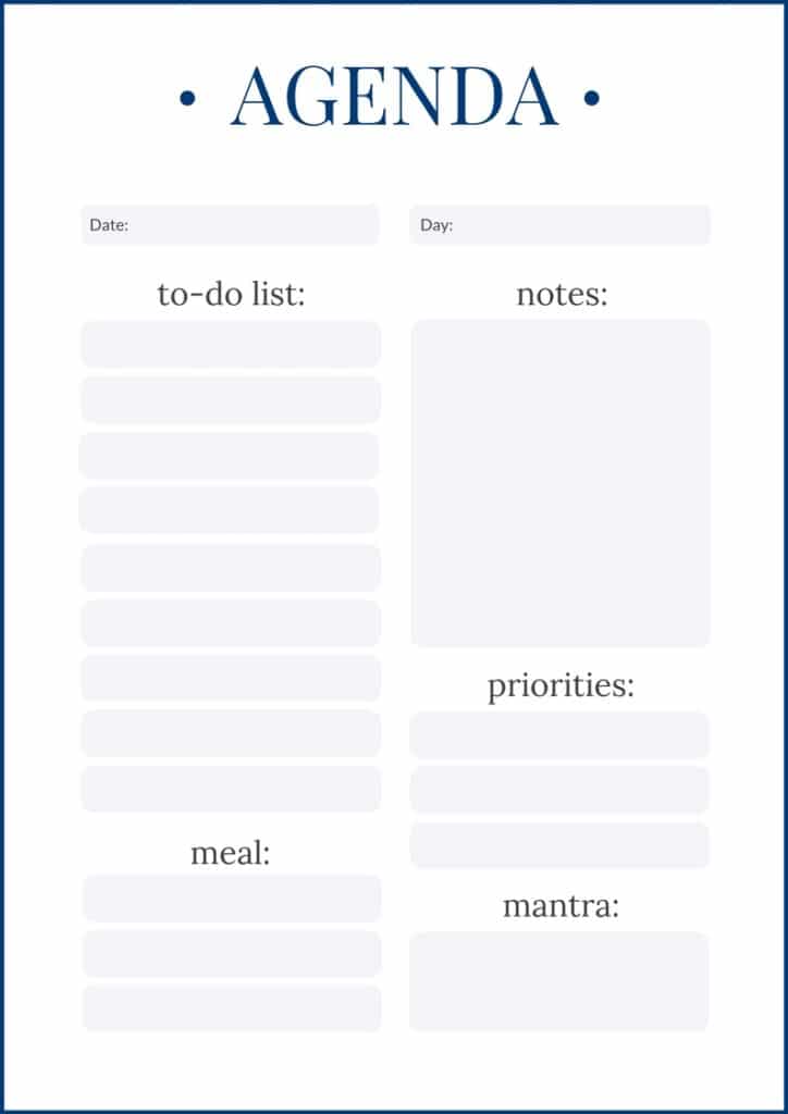 A minimalist agenda template with sections for date, day, to-do list, notes, priorities, meal, and mantra. The layout includes empty fields for each section, allowing users to fill in their daily plans and tasks. The clean design with a white background makes it perfect for printables.