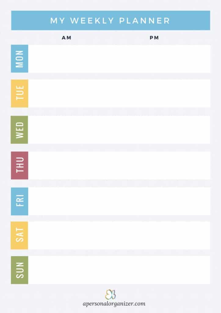A vertical weekly planner with a blue header labeled "My Weekly Planner." Columns are divided into AM and PM rows from Monday to Sunday, each day highlighted with a distinct color. The white background enhances its clarity, and this versatile printable offers ample space for notes or plans.