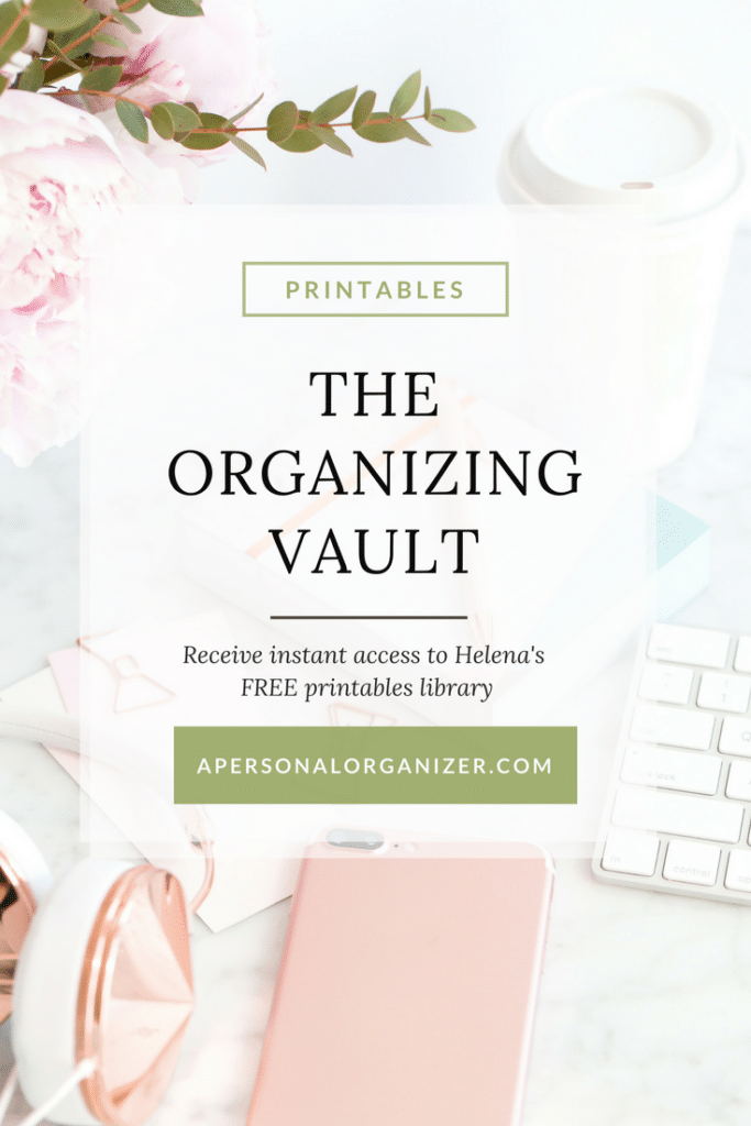 An image of organizational materials including a smartphone, a keyboard, a coffee cup, and rose gold stationery on a white marble desk. Text overlay reads: "PRINTABLES, THE ORGANIZING VAULT. Receive instant access to Helena's FREE printables library at apersonalorganizer.com.