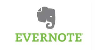 The image shows the Evernote logo, featuring a gray stylized elephant head above the company name "EVERNOTE" in green, capitalized letters. This design represents their commitment to effective email inbox organization and note-taking.