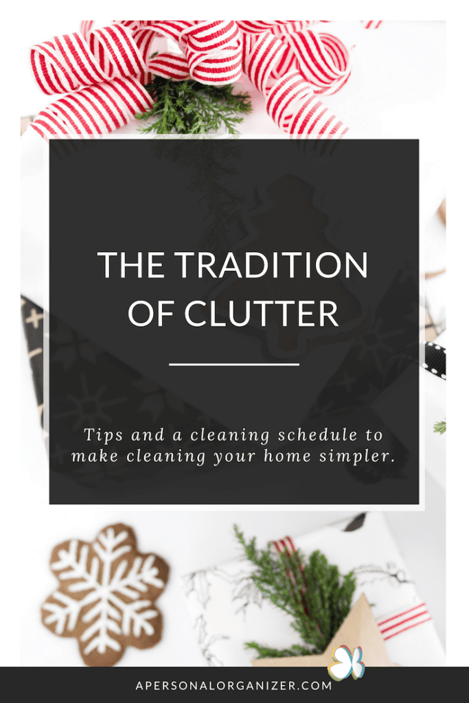 A festive image with Christmas decorations, including red and white striped and snowflake ornaments on a white surface. Text in the center reads "The Tradition of Clutter: Tips and a cleaning schedule to make decluttering your home simpler." The bottom has a URL.