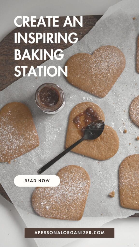 Heart-shaped cookies on parchment paper, some dusted with powdered sugar. An open jar of jam and a spoon with jam rest on one cookie. Text reads: "Learn how to create a baking station. Read now. apersonalorganizer.com".