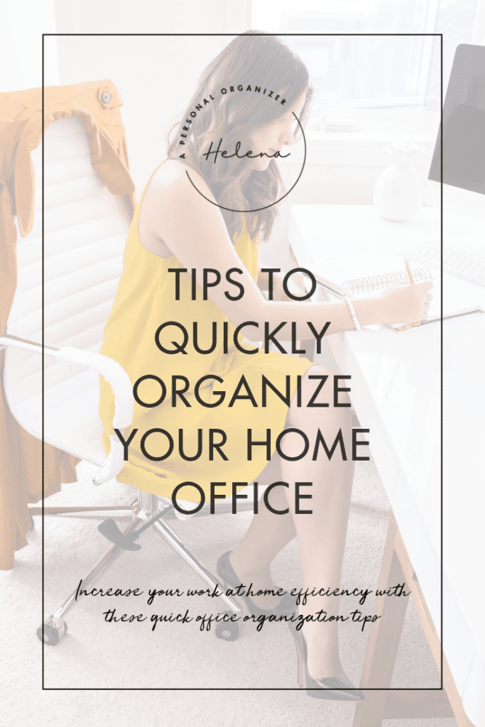 A woman in a yellow dress sits at a desk in her home office, working on a laptop. Text overlay: "Quickly Organize Your Home Office for Better Work from Home Efficiency. Boost your productivity with these simple organization tips.