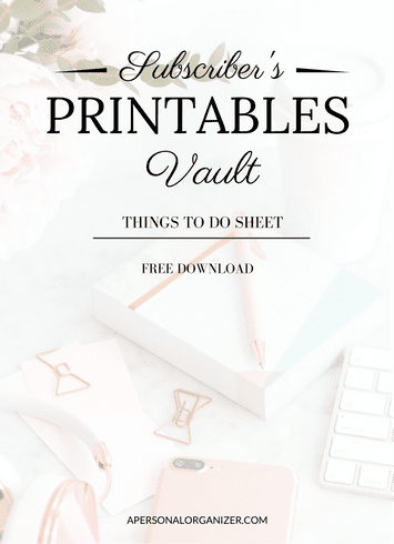 A promotional graphic with the text "Subscriber's Printables Vault - Things to Do Sheet - Free Download" over a background of office supplies, highlighting exclusive free printables like notebooks, a keyboard, and paper clips.