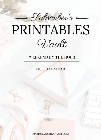 Flat lay of feminine office supplies, including a notebook, keyboard, pen, and paper clips, with text overlay: "Subscriber's Printables Vault, Weekend by the Hour, free printables download, apersonalorganizer.com".