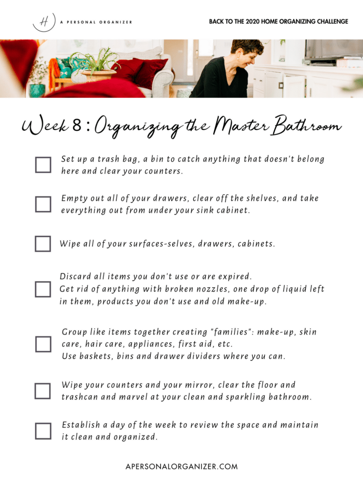 A checklist titled "Week 8: Organizing the Master Bathroom" features tasks like setting up a trash bag, cleaning counters, and organizing drawers as part of the home organizing challenge. A person is seated on a red couch in the top-right corner.