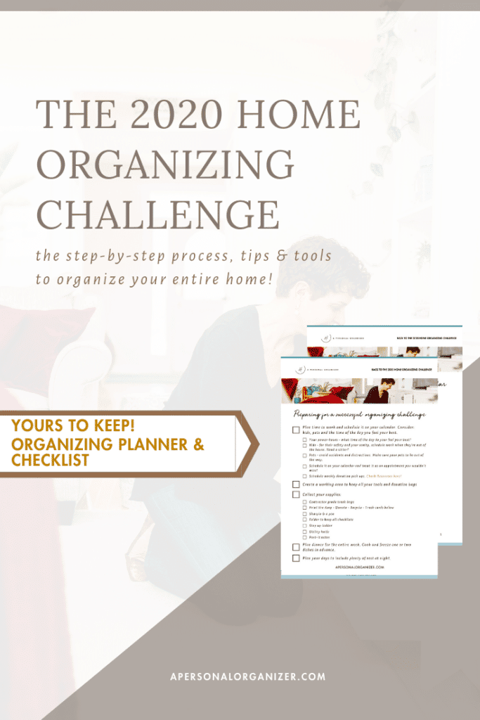 A promotional flyer for "The 2020 Home Organizing Challenge" featuring a woman writing, a checklist, and text offering a step-by-step organizing planner and checklist to help organize your home.