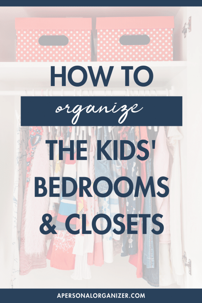 Text overlay on an organized closet with children's clothes: "How to organize kids' rooms and closets efficiently." Two red polka-dot storage bins sit neatly on the top shelf. Website: "apersonalorganizer.com" at the bottom.