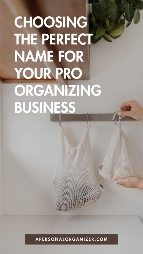 A hand hangs a beige mesh bag on a wall hook, symbolizing the power of organization. Text over the image reads: "Choosing the perfect name for your pro organizing business." Website: apersonalorganizer.com.