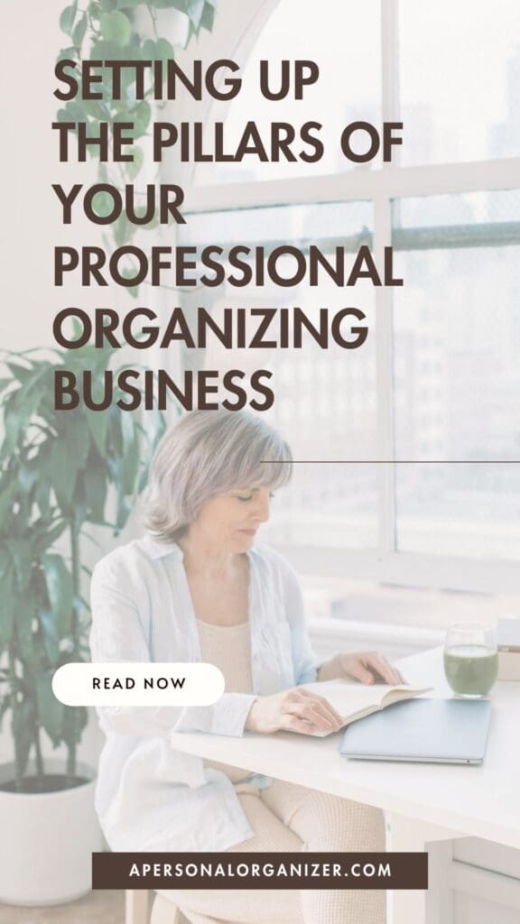 A woman with gray hair sits at a desk reading a book, with a notebook, pen, and glass of water nearby. Large text reads: "Setting up the pillars of your professional organizing and declutter business.
