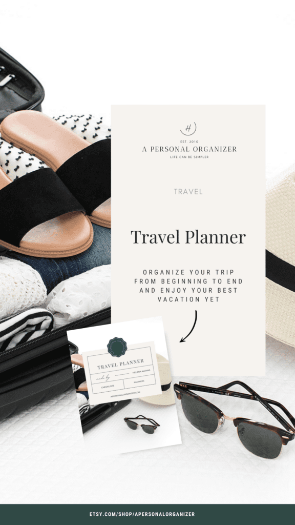 Flat lay of travel essentials for a family vacation, featuring sandals, sunglasses, and a suitcase. A travel planner card is prominently displayed, showcasing tips on how to plan vacation efficiently. Text includes URL: etsy.com/shop/apersonalorganizer.