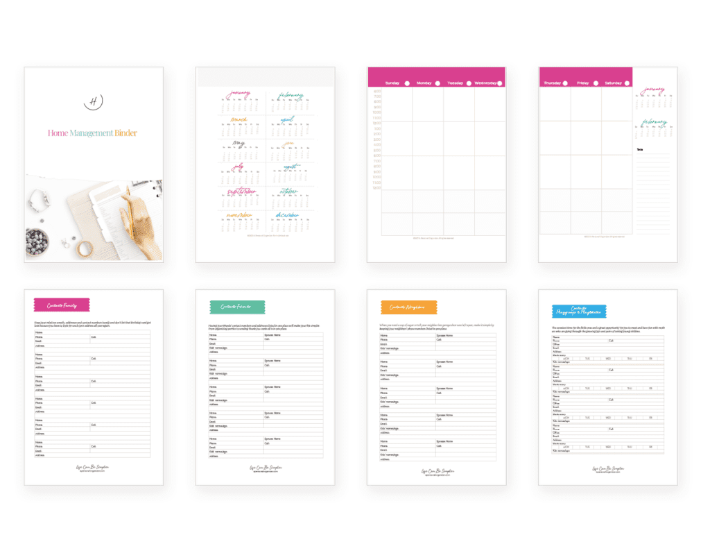 Image of a home management binder featuring colorful printables, including a cover, calendar, and lists for contacts, cleaning, and projects. The pages boast vibrant headers in pink, green, yellow, and blue with neatly organized text and charts.