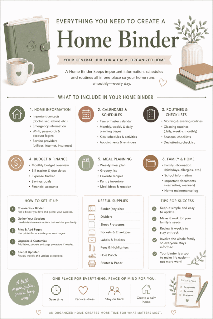 A visual guide details how to create a home binder, listing sections like info, calendars, routines, budget, meals, and family. It also outlines key steps for setup, homemaking tips, and the benefits a home binder brings for home organization and calm.