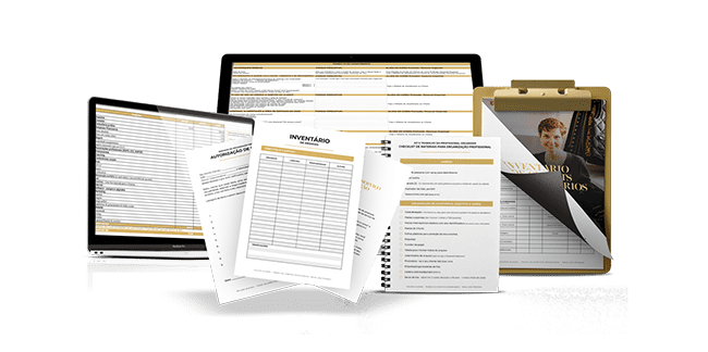 Five digital and physical documents are displayed, including spreadsheets and forms on laptops, printed paper sheets with tables, and a clipboard with a cover image. The design features a gold and white color scheme, illustrating how to organize your workspace efficiently.