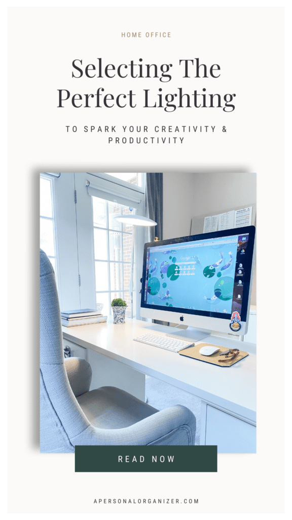 A modern perfect home office features a desktop computer on a white desk near large windows, showcasing an ocean-themed background. The text reads "Selecting The Perfect Lighting" and invites you to explore more at apersonalorganizer.com.