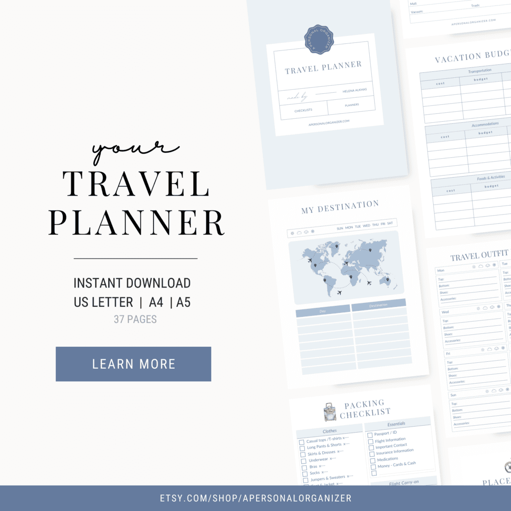 Image showing a travel planner with sections like vacation budget, travel outfit planner, and what to pack for Paris checklist. Includes a world map for marking destinations. Text reads "Your Travel Planner" and offers instant download options in various sizes.