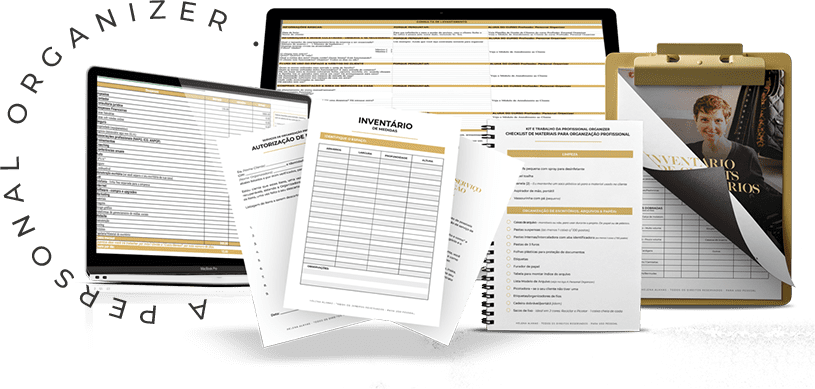 A laptop displaying a digital form, papers stacked with printed forms, and a clipboard with "INVENTÁRIO" in gold hint at personal organizer tools. This setup suggests efficiency in inventory management, perhaps enhanced by an online course in organizing skills.