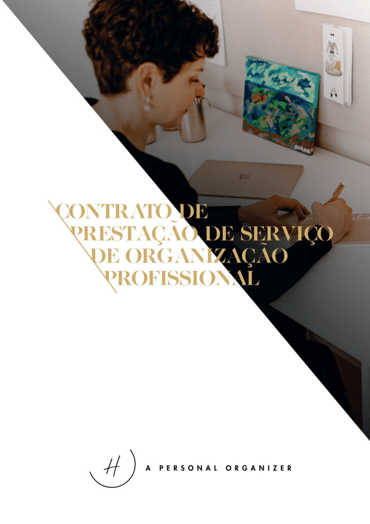 A person sits at a desk, writing in a notebook. The desk features a colorful picture and the overlay text in Portuguese: "Contrato de Prestação de Serviço de Organização Profissional." At the bottom, a logo reads "A Personal Organizer," offering Formulários e Modelo de Contrato Para Personal Organizer.
