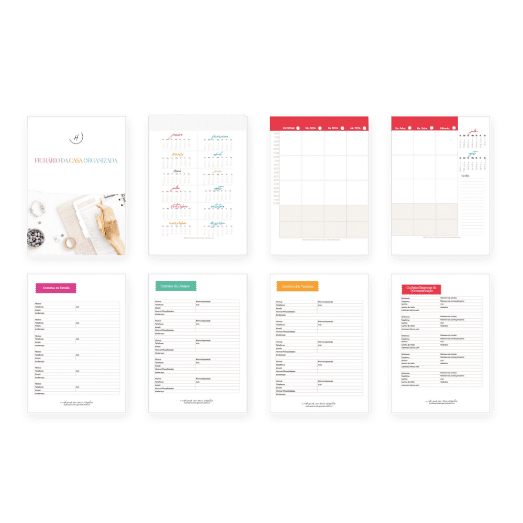 A set of eight planner pages, perfect for your "casa organizada," includes a daily organizer, weekly calendar, habit tracker, and lists. The colorful headers and sections help streamline tasks, goals, and notes. A pen and office supplies add a touch of practicality to one page.