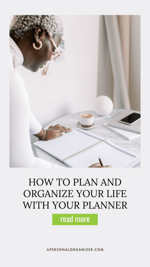 A person writing diligently in their planner at a desk adorned with a cup of coffee and decorative items. The text reads, "How to Plan and Organize Your Life with Your Trusted Planner" alongside a "read more" button.