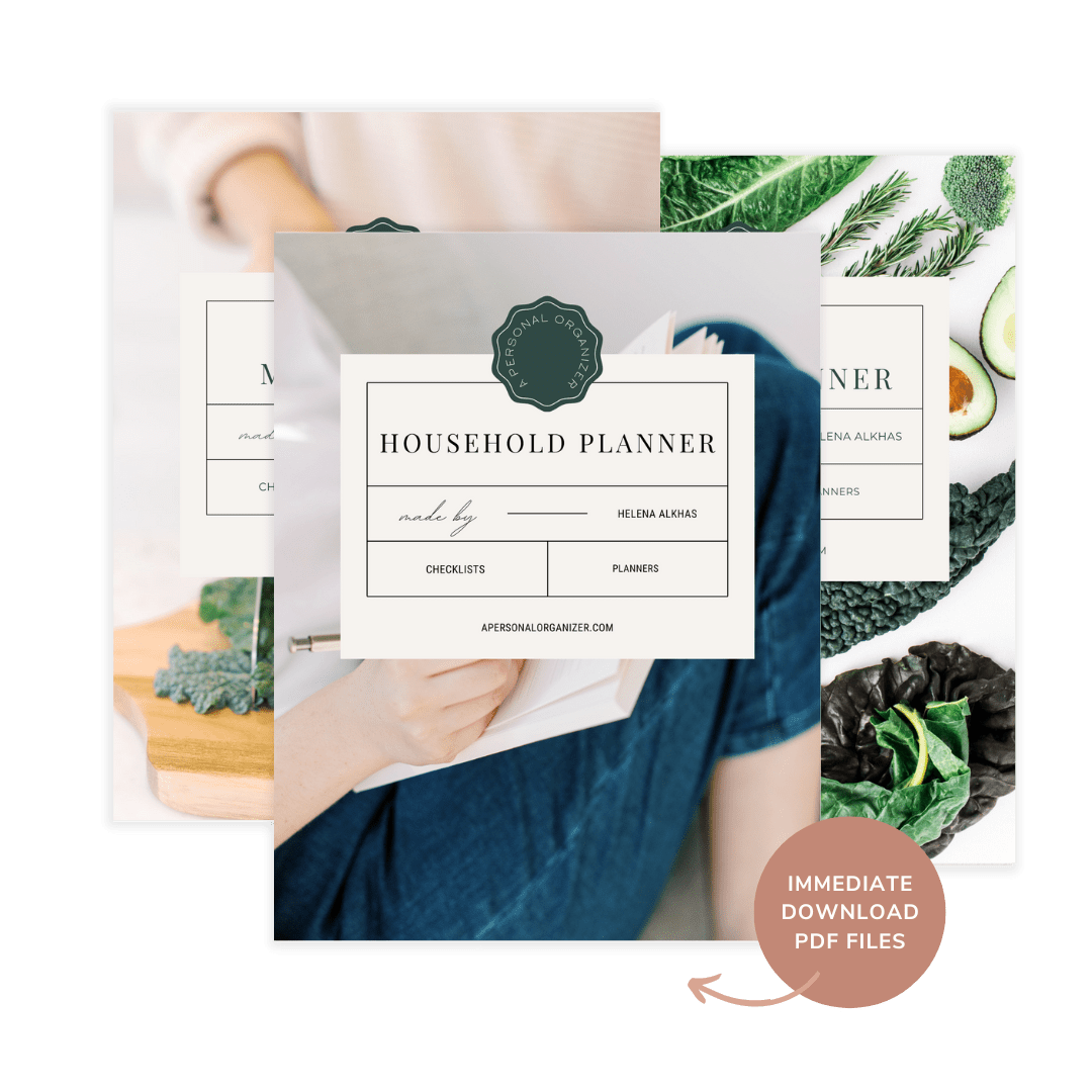 Stack of household planners from an organizing printables shop, featuring covers with a person holding a planner and a chopping board adorned with kale and avocado. A label highlights the immediate PDF download availability.