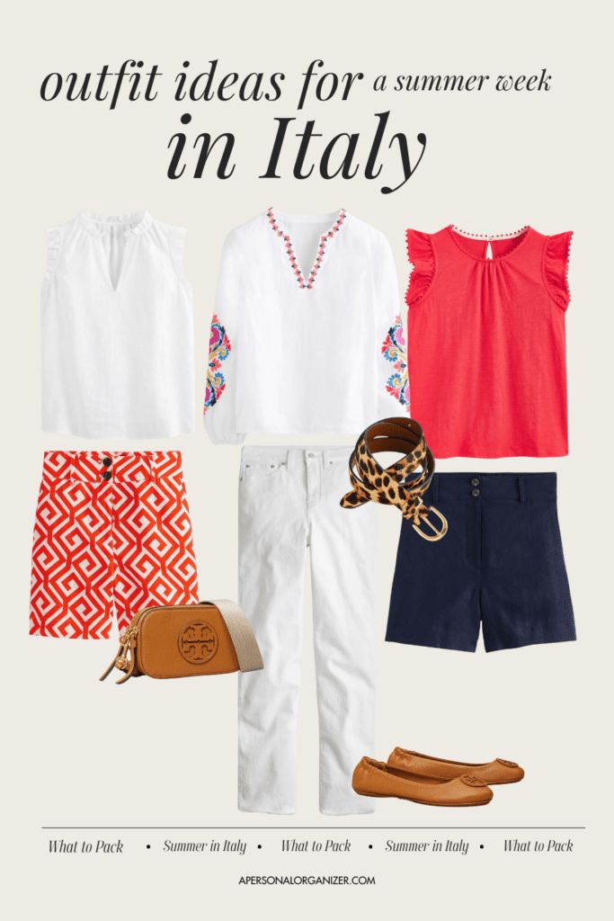 Collage of summer outfits for a week in Rome, featuring a white blouse, embroidered shirt, red top, patterned shorts, navy shorts, white trousers, a leopard scarf, brown handbag, and tan flats. Discover what to pack and outfit ideas for a stylish summer week in Italy's charming capital.