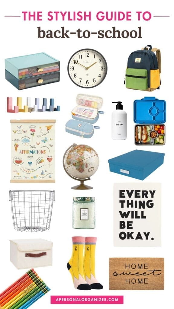 A collage of back-to-school items perfect for moms, featuring storage boxes, a clock, a backpack, stationery, lunch containers, a water bottle, an affirmations poster, globe, laundry basket, socks, and motivational signs—a handy back-to-school shopping guide.