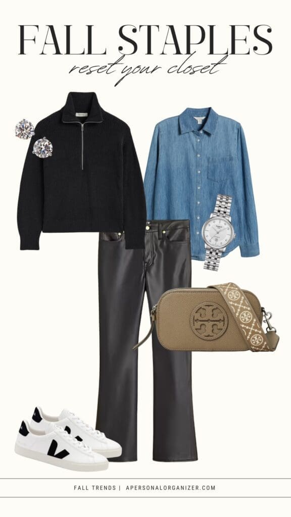 Flat lay of Fall Fashion staples: black half-zip sweater, blue denim shirt, silver watch, stud earrings, black leather pants, beige crossbody bag, and white sneakers with black accents—everything you need to reset your wardrobe this season.