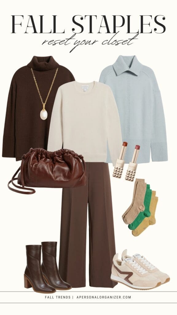 A collage of fall wardrobe staples, including a brown sweater, light blue zip-up sweater, cream sweatshirt, brown wide-leg pants, boots, tan sneakers, a brown bag, gold necklace, checkered earrings, and colorful socks—perfect to reset your wardrobe.