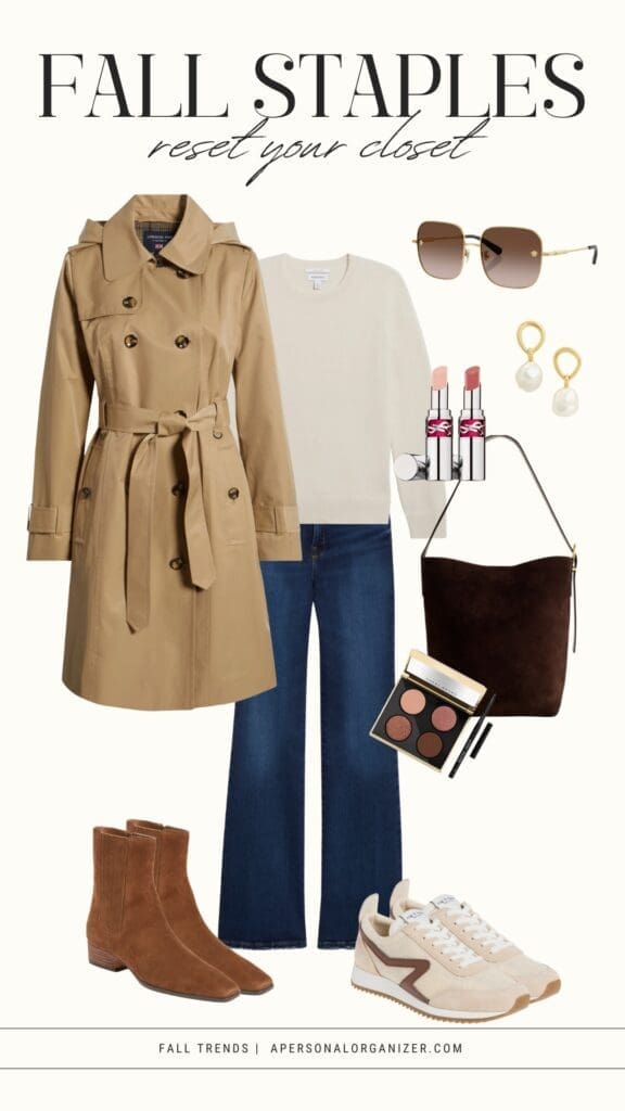 A collage of fall fashion staples for your reset wardrobe includes a beige trench coat, cream sweater, flared blue jeans, brown ankle boots, beige sneakers, sunglasses, gold earrings, two pink lipsticks, brown eyeshadow palette, and a brown handbag.