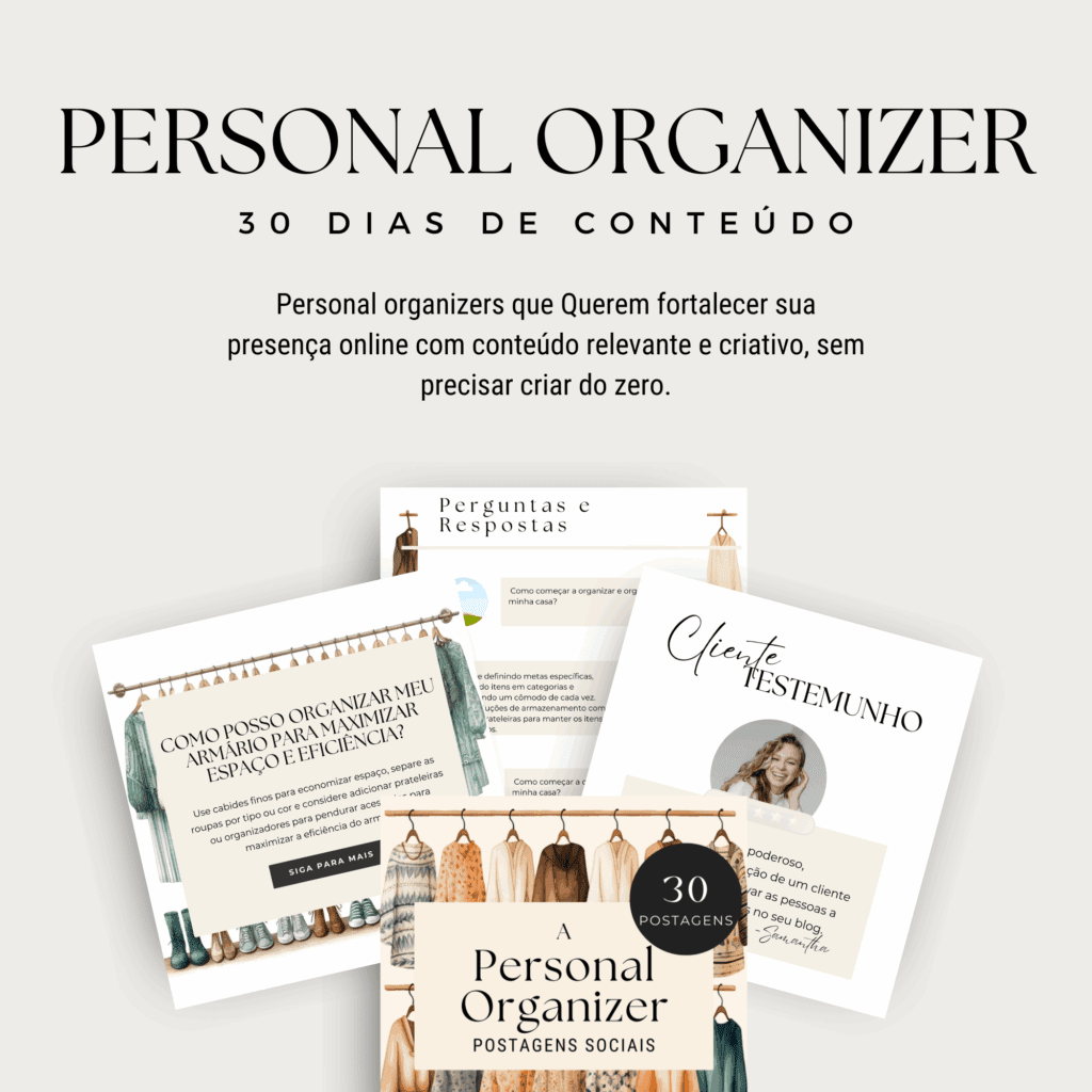 Promotional image for a 30-day content guide for personal organizers and organizing printables shop, featuring sample social media post designs, testimonials, and tips for online presence, with neutral tones and organized visual elements.